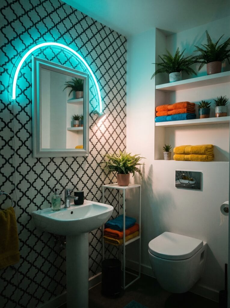 dark moody powder room with black-and-white Moroccan trellis wallpaper, a teal neon arch light over the mirror, and stacked orange, yellow, and teal towels on white niche shelves