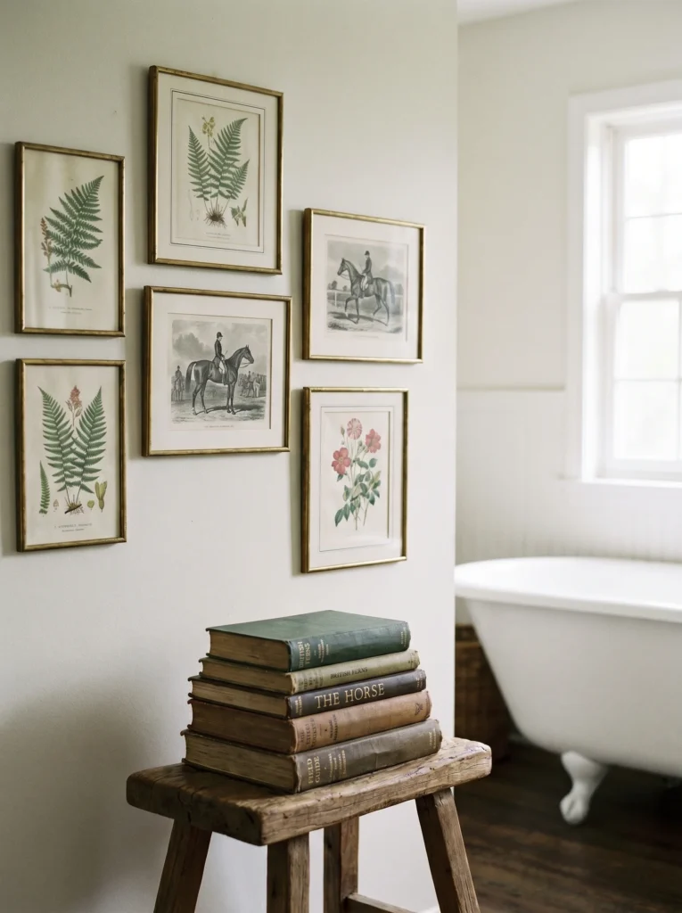 a small cluster of brass-framed botanical and equestrian prints on a bathroom wall above a stack of hardback books on a wooden stool