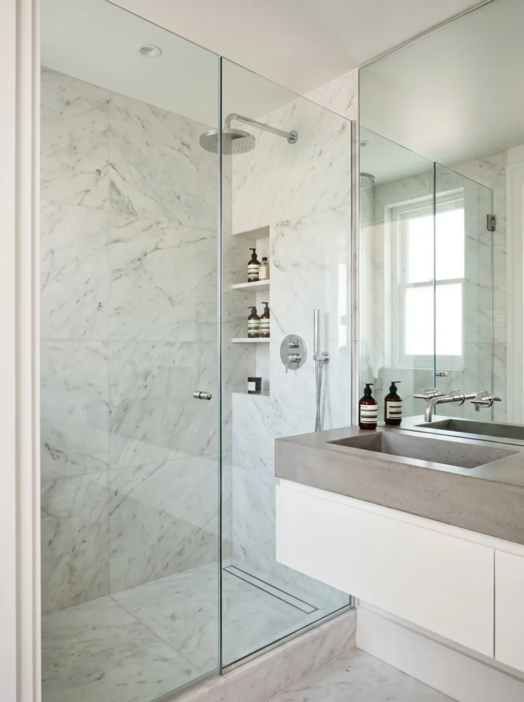 White marble bathroom with glass walk-in shower, concrete trough sink, and chrome fixtures.