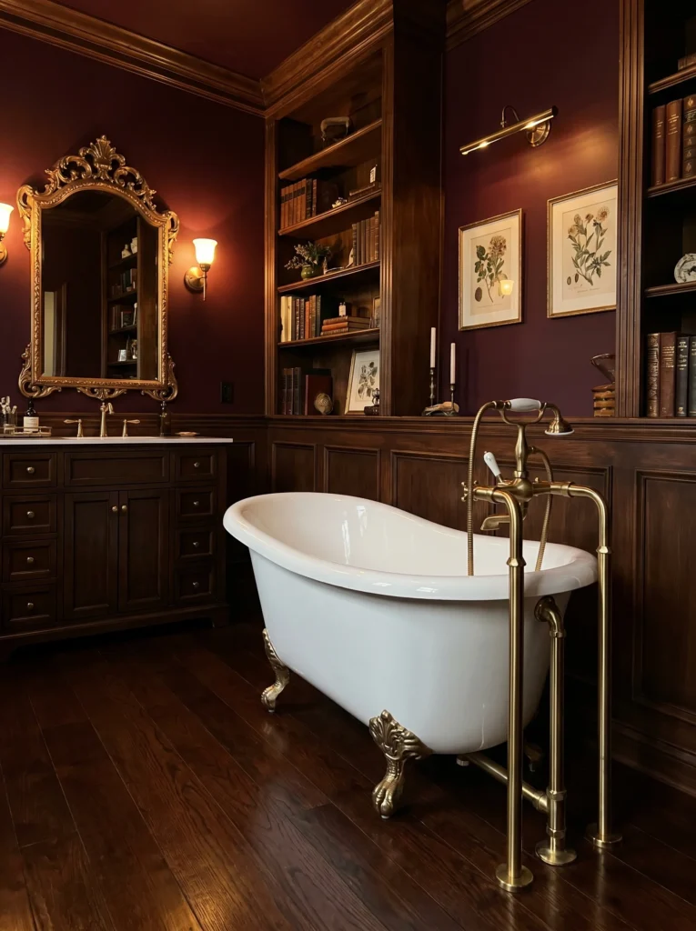 Dark academia bathroom with deep burgundy walls, white clawfoot tub with antique gold feet, freestanding gold tub faucet, ornate gold mirror, and dark hardwood floor