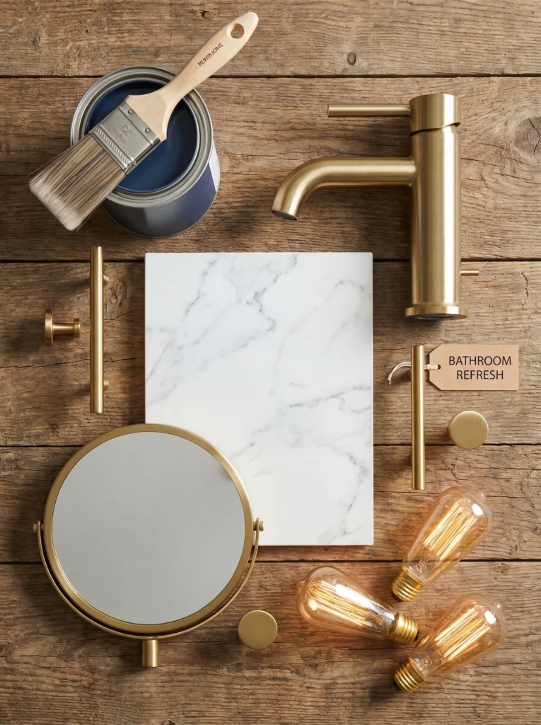 A flat-lay shopping board with navy paint can, brushed gold faucet, gold cabinet pulls, white marble-look sample, a round gold mirror, and warm bulbs. alt text: navy and gold bathroom shopping list flat-lay with navy paint, brushed gold faucet, gold pulls, marble sample, and round mirror