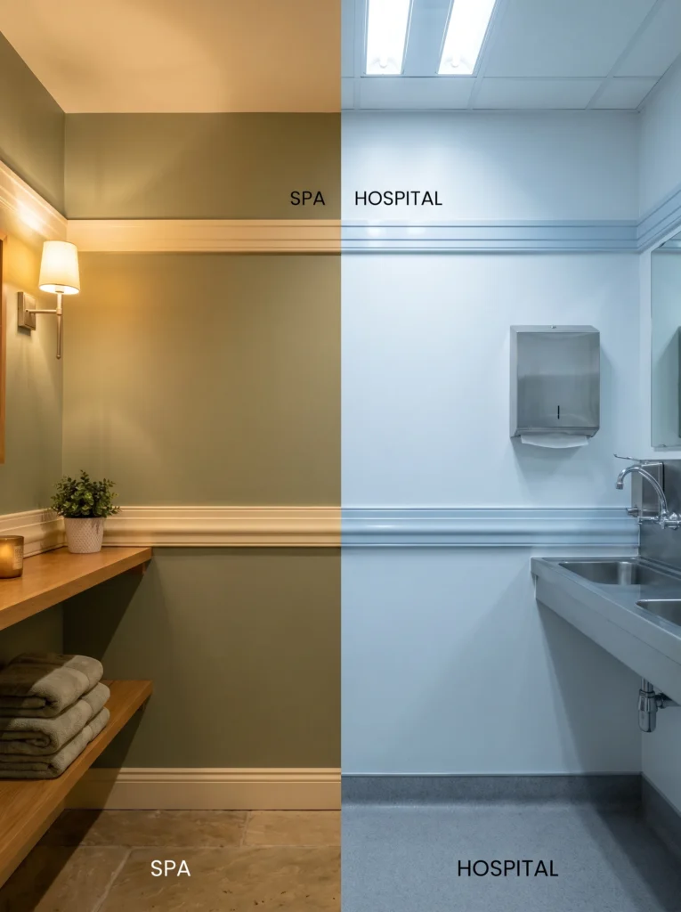 comparison of a calm spa green wall beside a cold clinical green wall