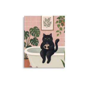 Black Cat Bathroom Wall Art, Cozy Cat Coffee Poster, Funny Bathroom Decor, Cat Lover Gift, Plant Bathroom Print