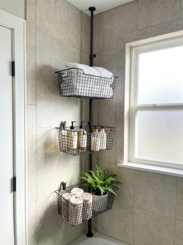 floor-to-ceiling tension rod standing in a bathroom corner with three wire baskets clipped on at different heights holding towels and bottles