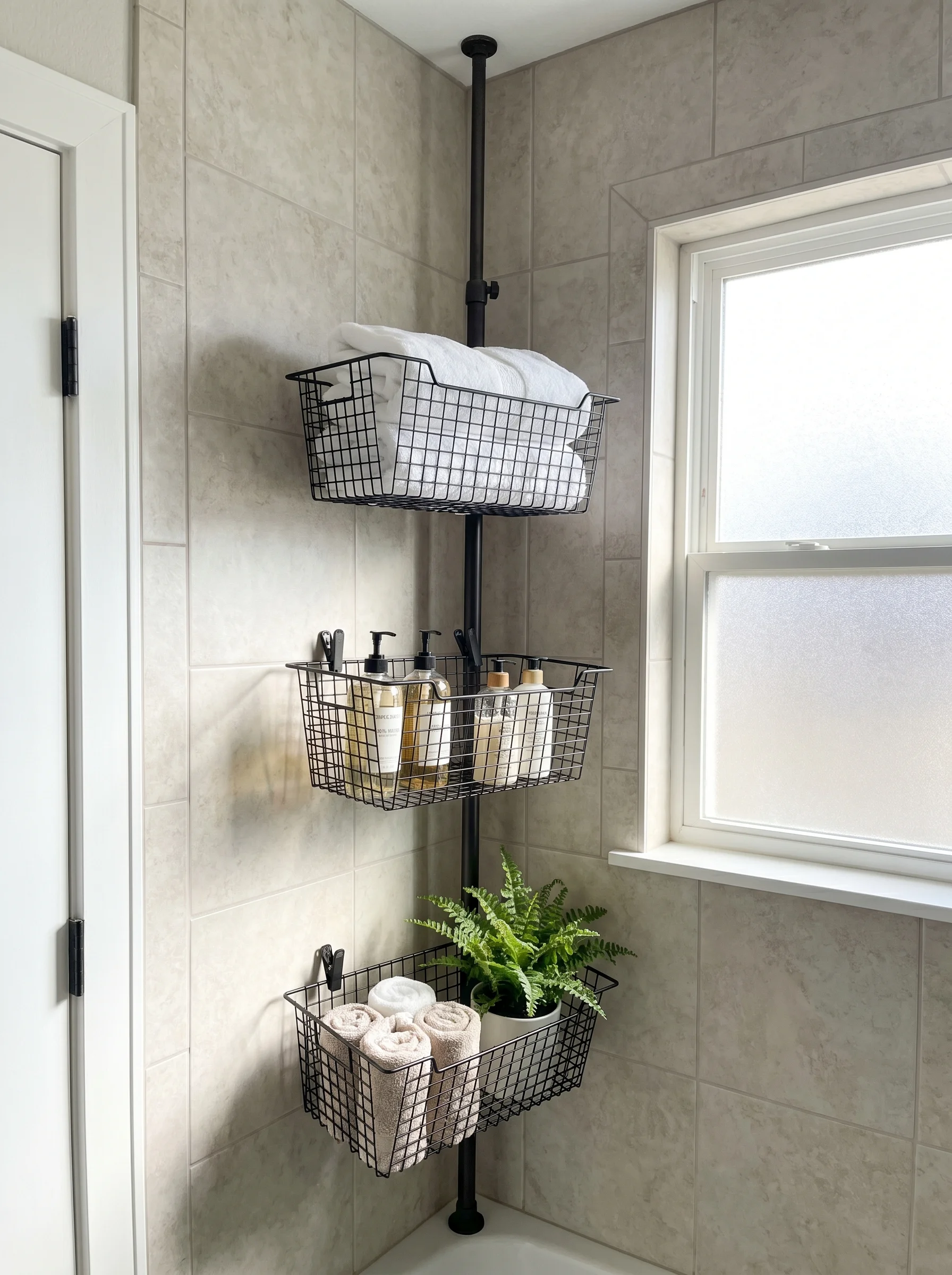 floor-to-ceiling tension rod standing in a bathroom corner with three wire baskets clipped on at different heights holding towels and bottles