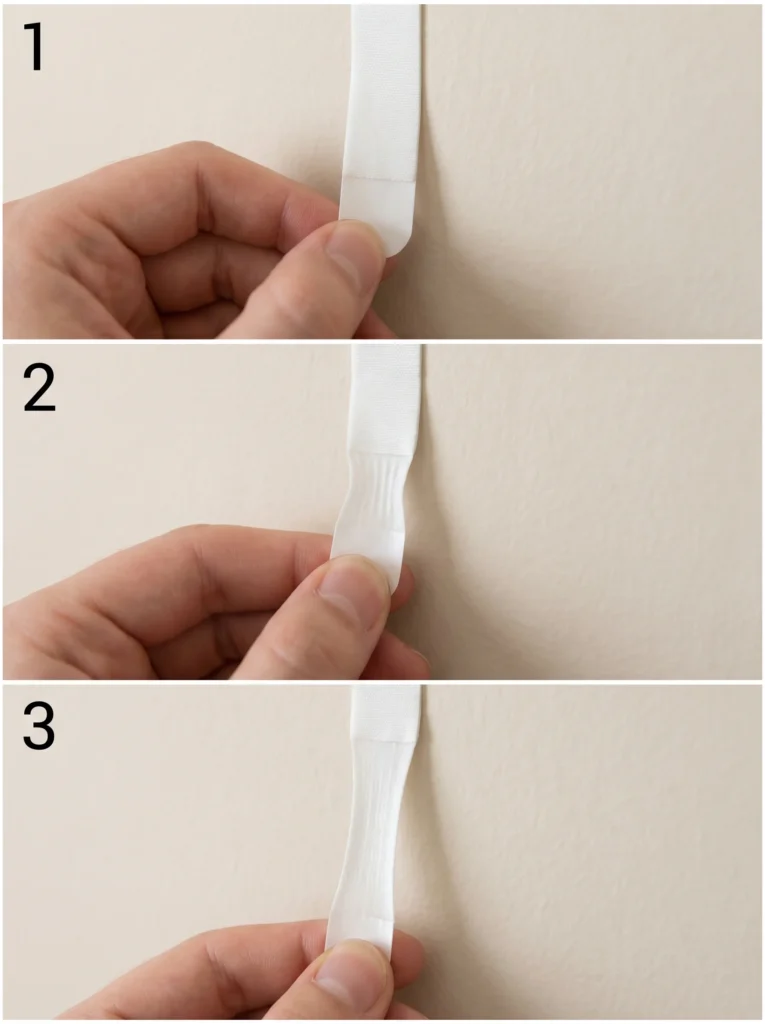 hand slowly pulling the tab of an adhesive strip straight down along a wall to release it cleanly without peeling paint