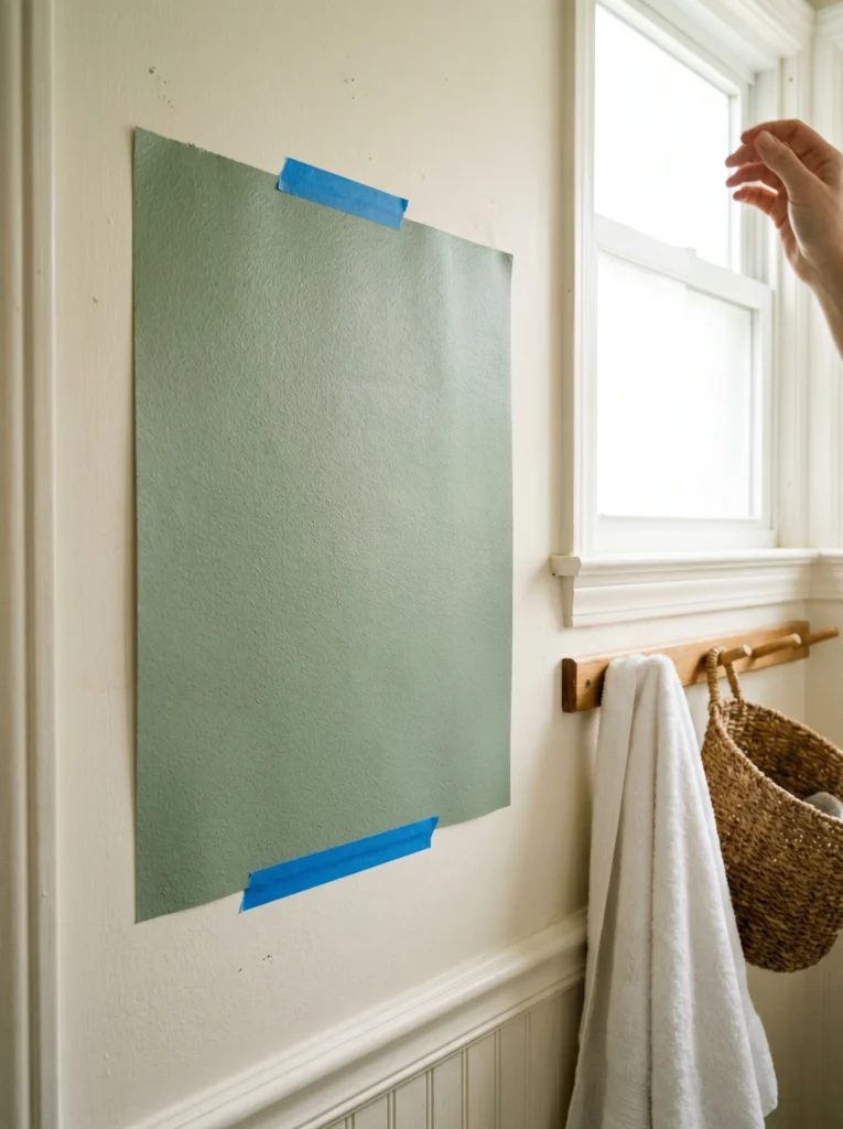 peel-and-stick green paint sample taped to a bathroom wall in natural daylight