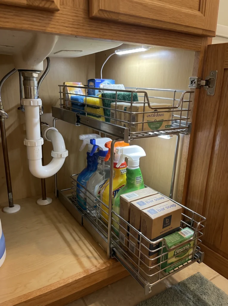 pull-out two-tier sliding bins installed under a bathroom sink around the drain pipe, holding cleaning bottles and spare soap
