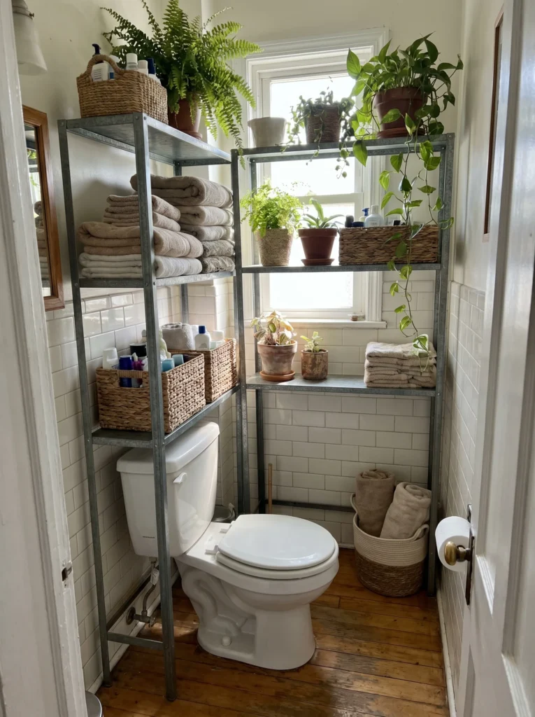 tall freestanding four-tier metal shelving unit straddling a toilet in a small bathroom, holding folded towels, plants, and baskets