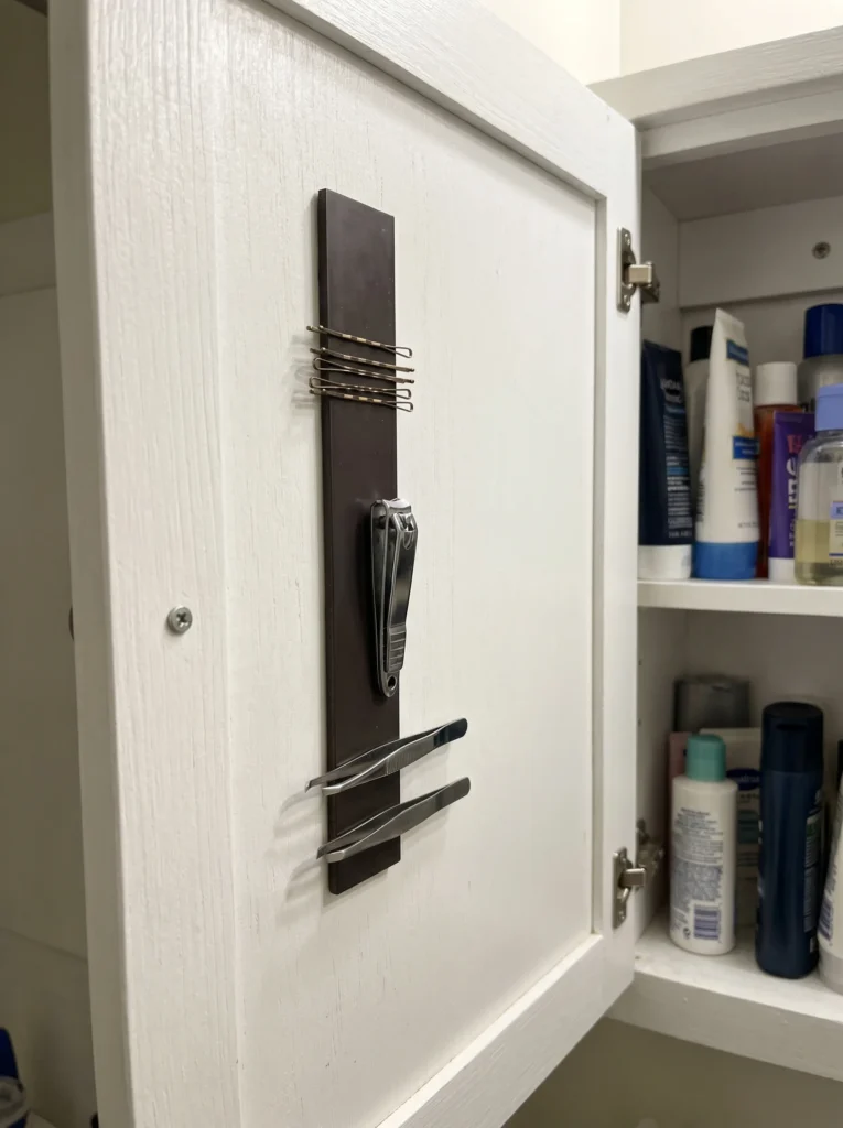 thin magnetic strip mounted inside a bathroom cabinet door holding metal tweezers, nail clippers, and bobby pins