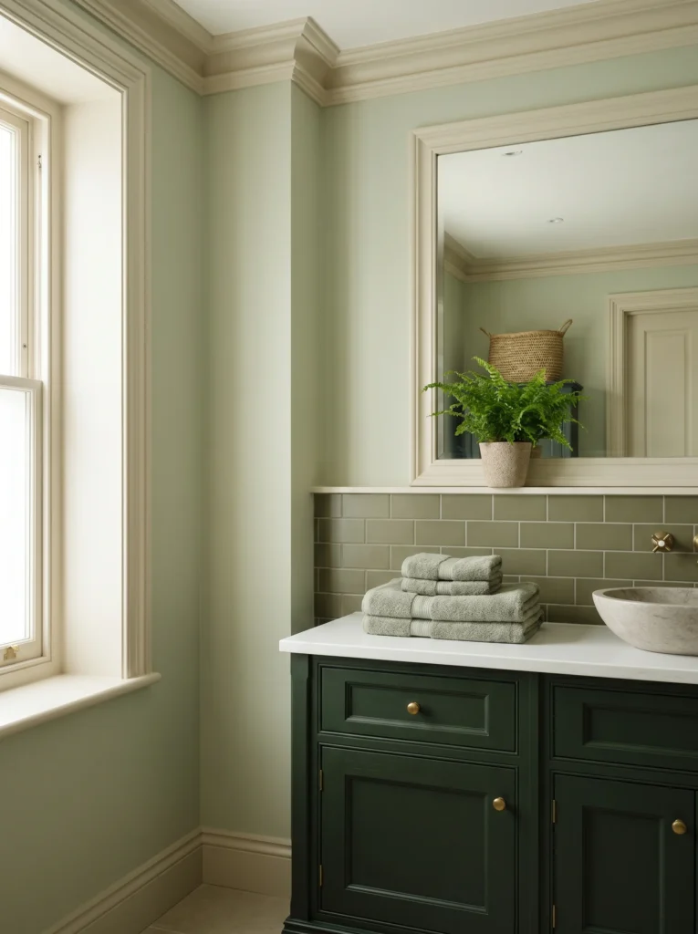 tonal green bathroom showing light sage walls, deeper green vanity, and stacked towels