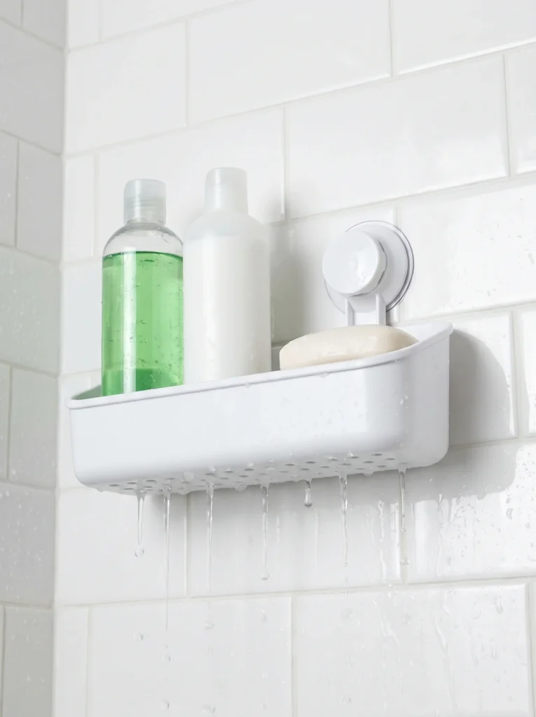 white adhesive shower caddy stuck to glossy tile holding two full shampoo bottles and a bar of soap with water draining through the bottom