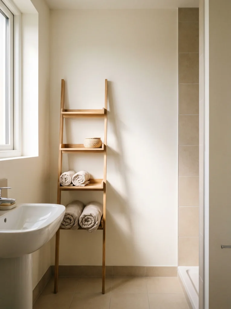 A wooden leaning ladder shelf holding rolled towels and a small woven basket beside a white pedestal sink