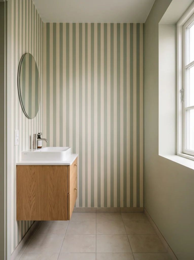 A Scandinavian-style bathroom with sage green and cream vertical striped wallpaper, a floating oak vanity with brass knobs, a white rectangular sink, and a round frameless mirror