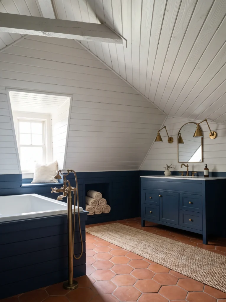 Attic master bathroom with white shiplap sloped ceiling, navy lower walls, dormer window seat, drop in tub, and terracotta hex floor tile
