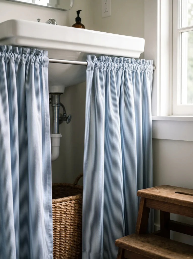 Blue and white ticking stripe sink skirt gathered on a tension rod under a white console sink, with a woven basket visible behind and a rustic wood stool nearby