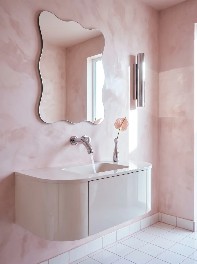  Pale pink plaster bathroom with a wavy frameless mirror, chrome tube sconce, curved gloss white vanity and pink anthurium in a chrome vase