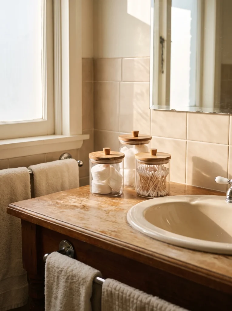 Three glass canisters with wooden lids holding cotton pads, cotton balls, and cotton swabs on a vintage wood vanity beside a ceramic sink