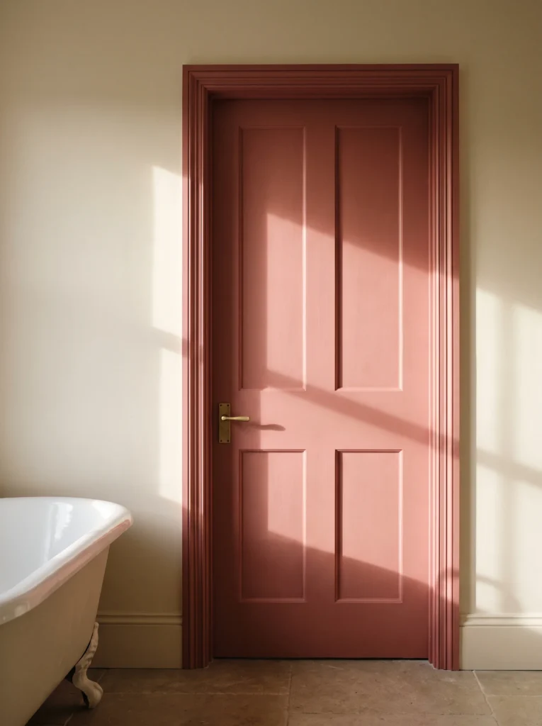 Brick pink panelled door with brass lever handle and matching pink architrave, beside a white clawfoot tub on stone flooring