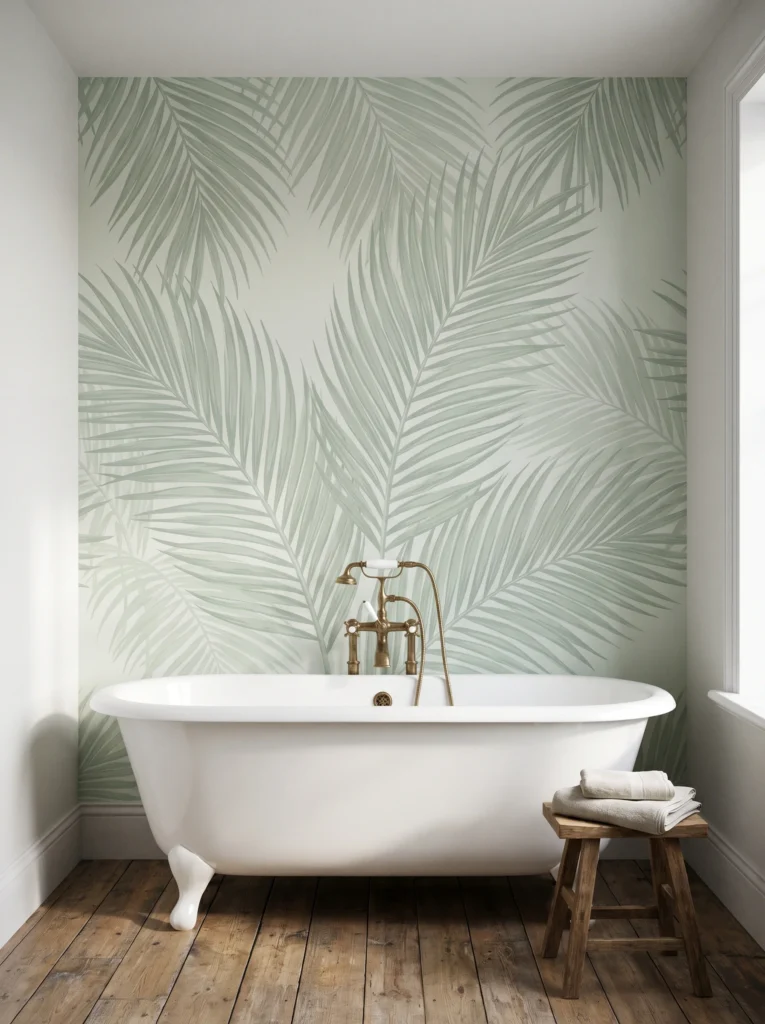 A traditional powder room with cream ogee trellis wallpaper, a round brass ring mirror, and a white console sink resting on slim brass legs with exposed plumbing
