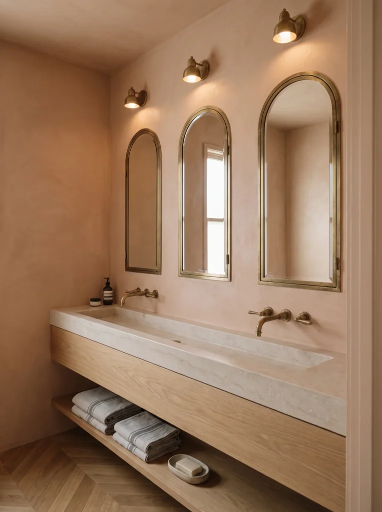 pink plaster Nancy Meyers bathroom with three arched brass mirrors, long stone trough sink, and oak floating vanity