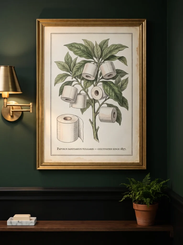 Gold framed vintage botanical print of a plant growing toilet paper rolls labeled Papyrus sanitarius vulgaris on a dark green wall