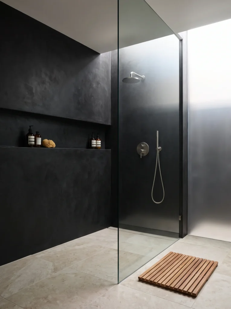 Black plaster shower walls with a long recessed niche, frameless glass and a teak bath mat