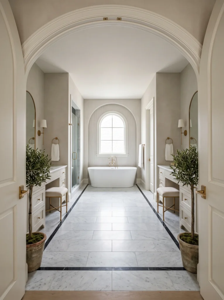 Symmetrical master bathroom with arched entry, twin white makeup vanities, marble floor with black border, and a freestanding tub in a fluted arched alcove