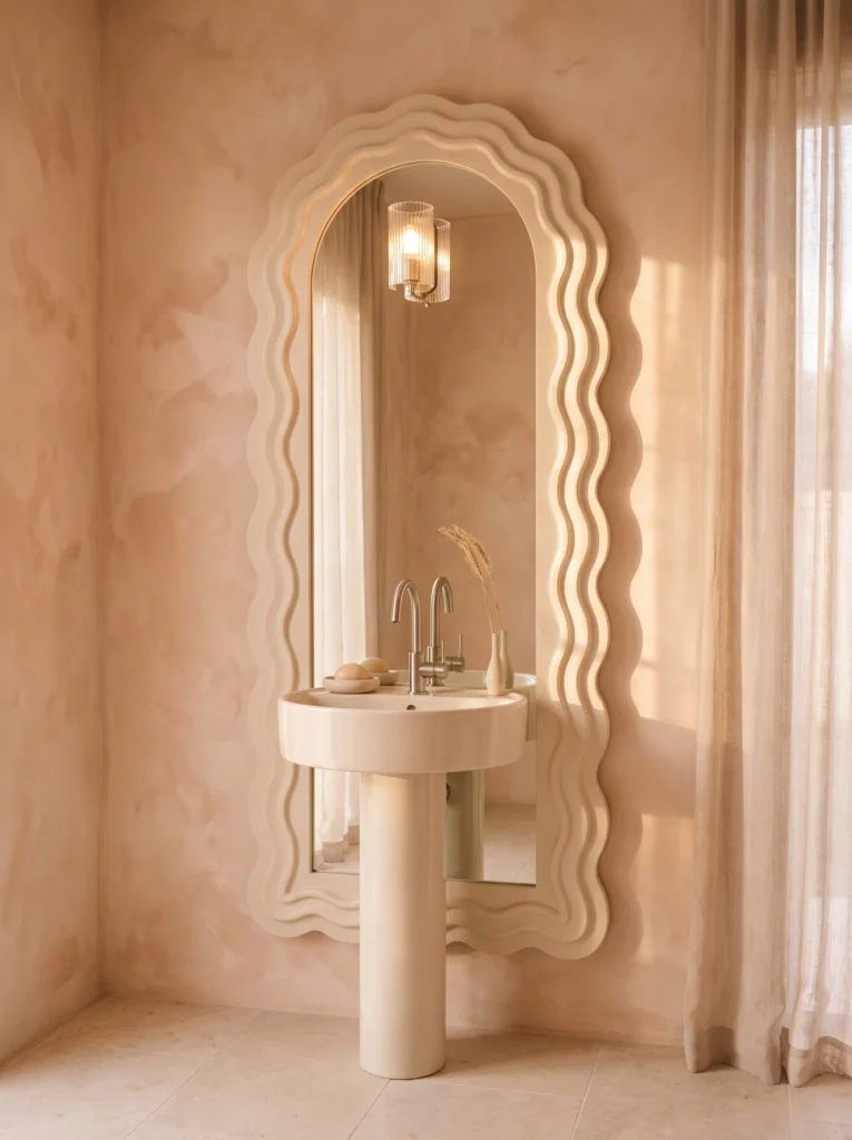 Sunlit boho bathroom corner with a carved wood console vanity, hammered brass vessel sink, rattan sunburst mirror, macrame plant hanger and terracotta floor