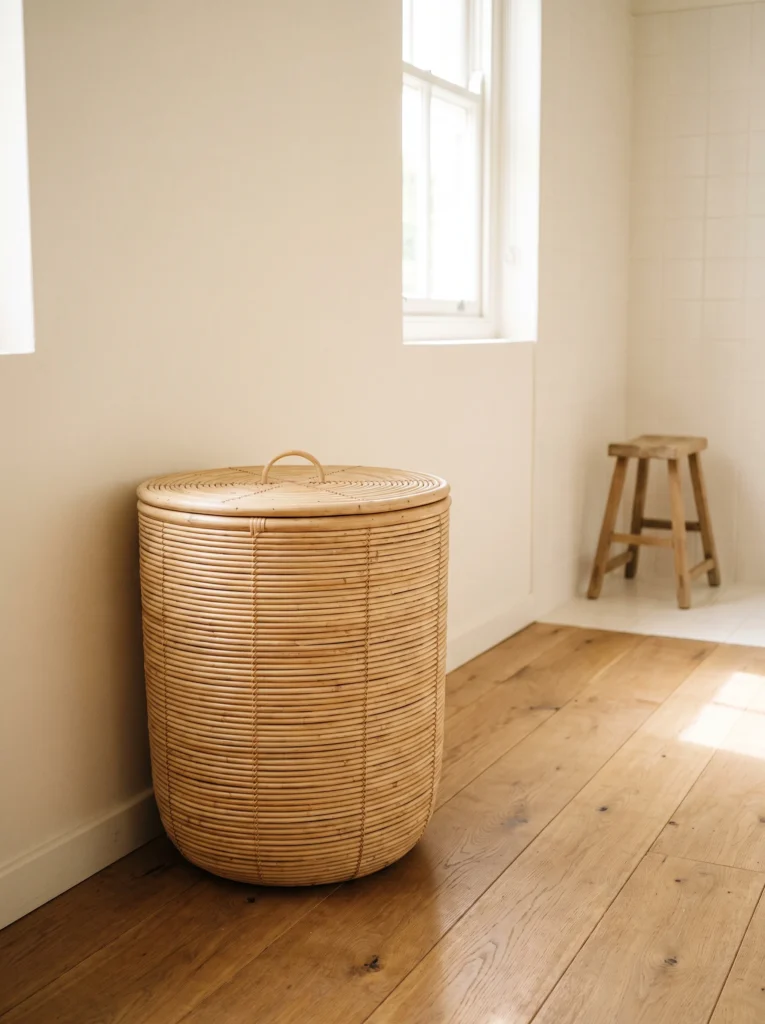 A round rattan laundry hamper with a lid standing against a cream wall on wide plank wood floors