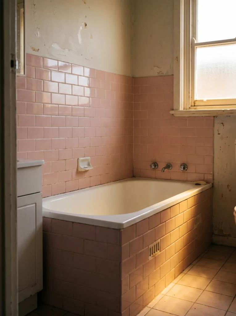 Vintage bathroom with pink subway tile around a built-in tub, worn plaster walls, and a small frosted window