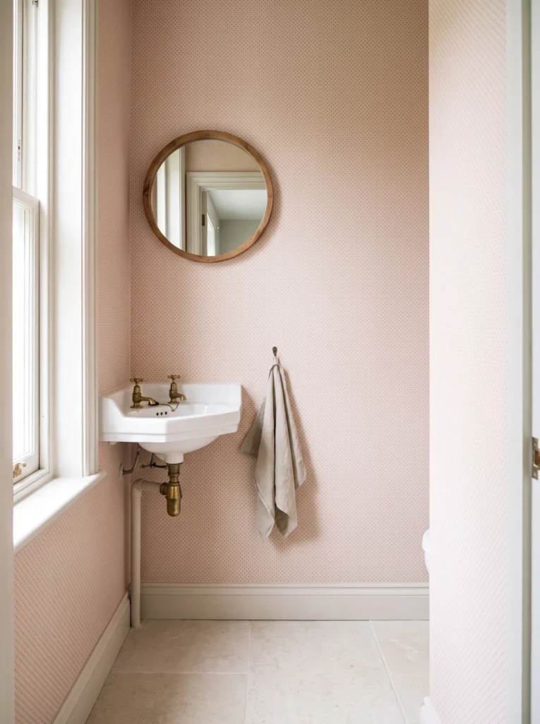 A small cloakroom with blush pink micro-pattern wallpaper, a white wall-mounted basin, vintage brass pillar taps, a round wood-framed mirror, and a linen towel on a hook