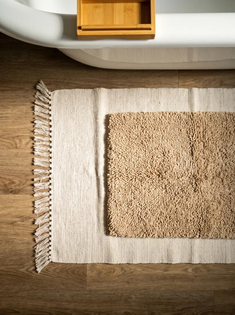 Overhead view of a cream fringed cotton runner layered under a tan chunky tufted bath mat on a warm wood plank floor beside a white tub