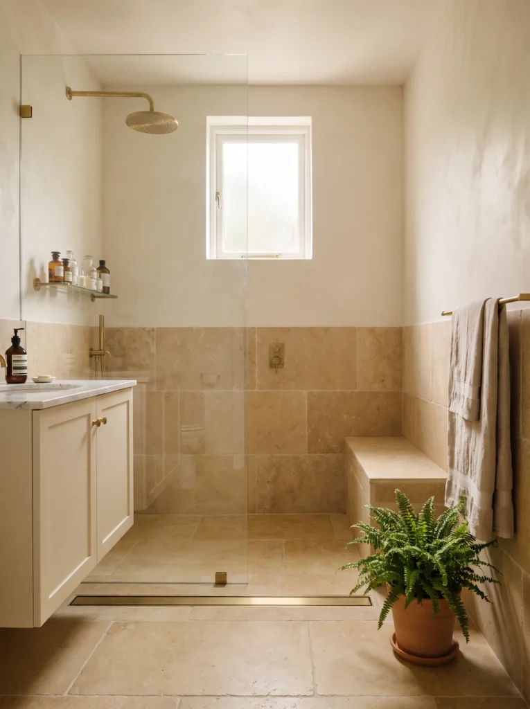 travertine wet room with glass panel, brass rainfall shower, built in stone bench, and linear drain