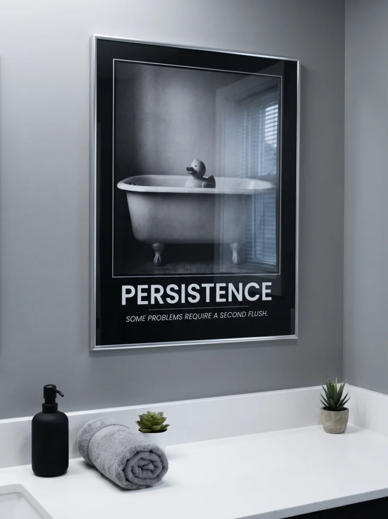 Black and white motivational parody poster in a silver frame showing a rubber duck in an empty clawfoot tub with the word persistence
