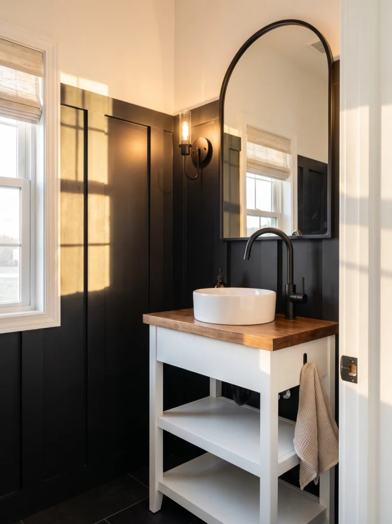 Black board and batten walls with a white open console vanity, wood top and white vessel sink