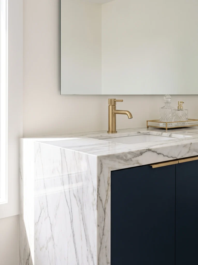 Close-up of a white marble waterfall countertop with a navy blue vanity, brushed brass faucet and crystal decanters on a gold tray