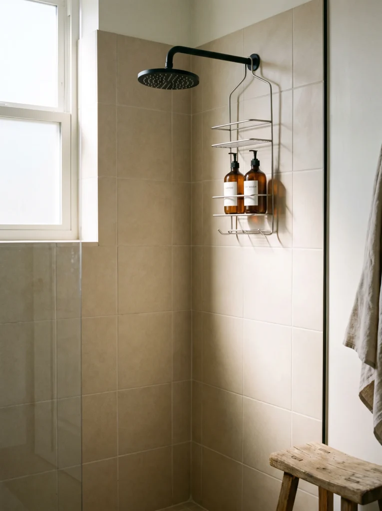 A wire shower caddy hanging from a black rain shower arm holding two amber pump bottles in a beige tiled shower