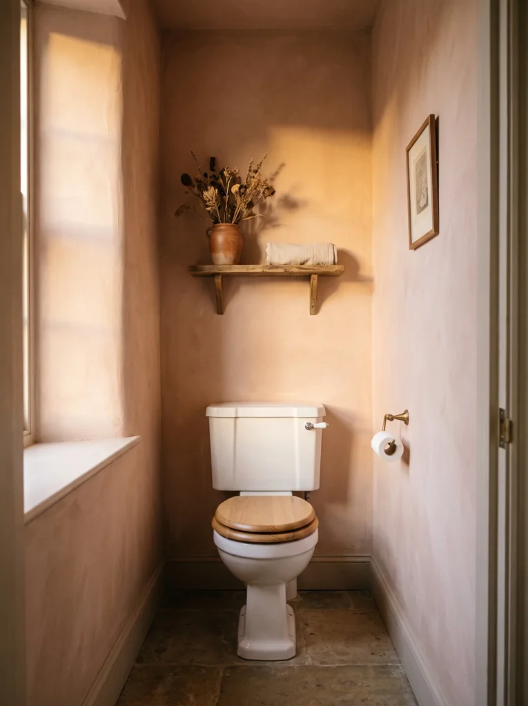 Narrow toilet nook with pink plaster walls, a rustic wood shelf holding dried flowers, and a toilet with a wooden seat