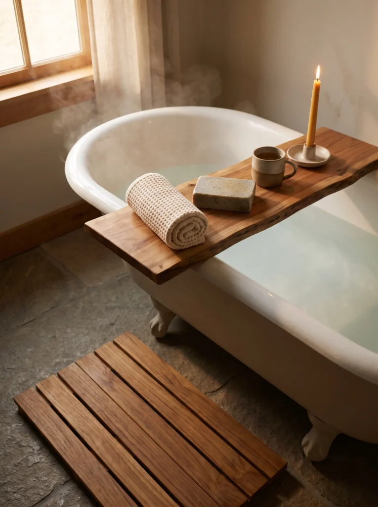 Live edge wood board resting across a white clawfoot tub, holding a rolled waffle towel, bar of soap, ceramic mug of tea, and a lit taper candle in a stoneware holder