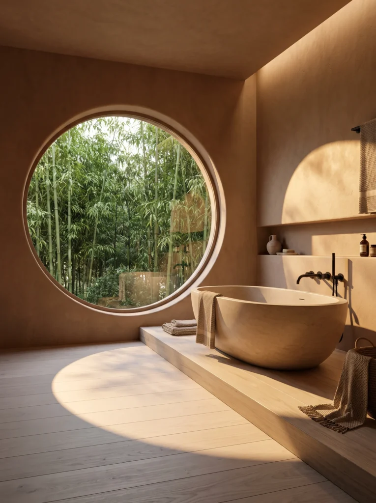 Beige plaster bathroom with round mirror, brass tube sconce, oak floating vanity with open shelf and rough cut stone basin
