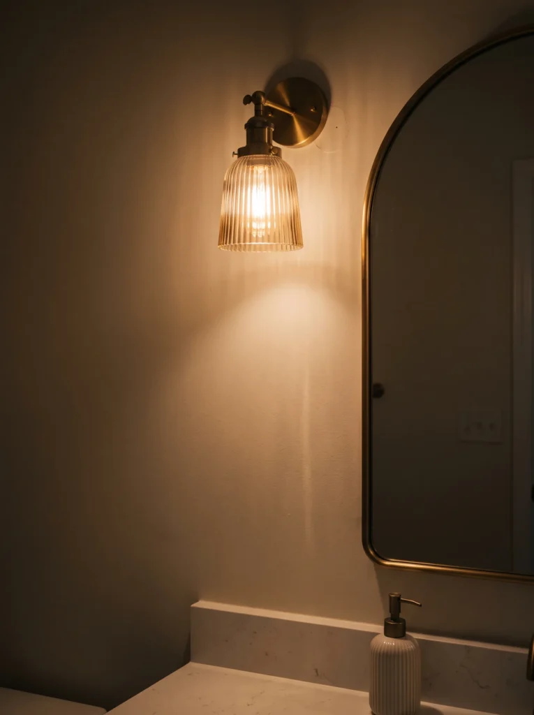 Brass wall sconce with a fluted clear glass shade glowing beside an arched brass framed mirror above a white marble counter