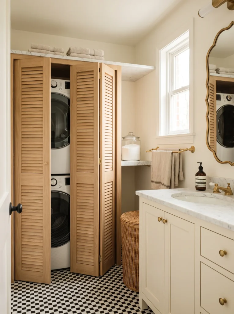 small bathroom with stacked washer dryer behind louvered oak bifold doors, black and white checkerboard tile floor, and cream vanity