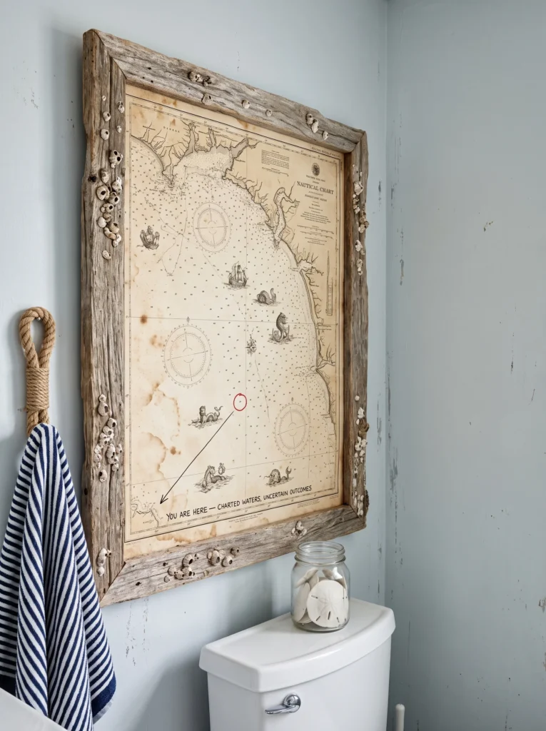 Framed antique nautical chart with sea monsters in a driftwood and barnacle frame reading you are here, charted waters, uncertain outcomes