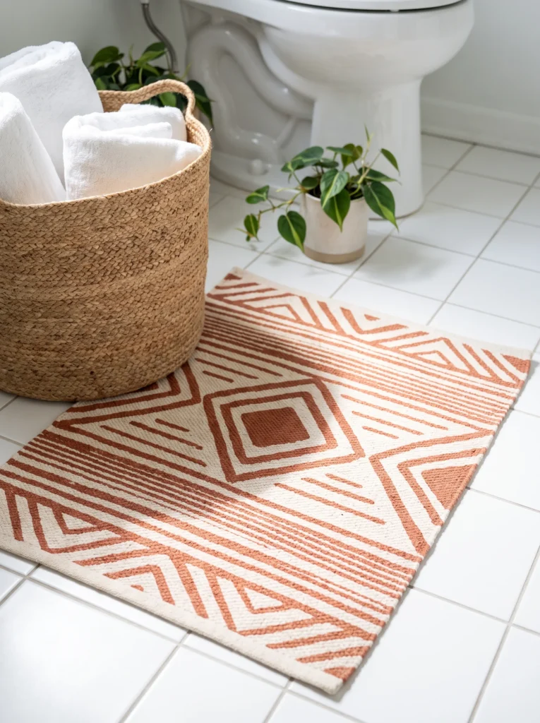 Terracotta and cream geometric bath rug on white square tile floor, with a large braided jute basket of white towels and a small philodendron in a ceramic pot