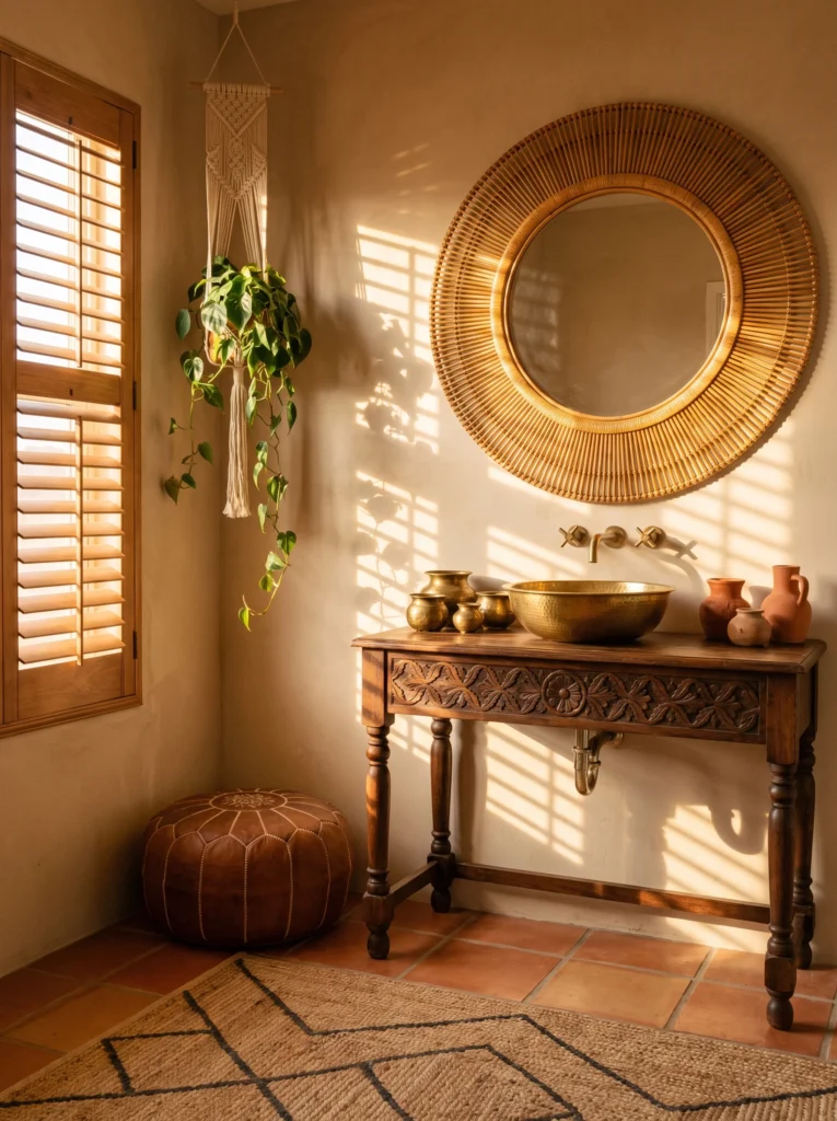 Peach plaster bathroom with a tall wavy arched mirror, cream pedestal sink, fluted glass sconce and sheer linen curtain