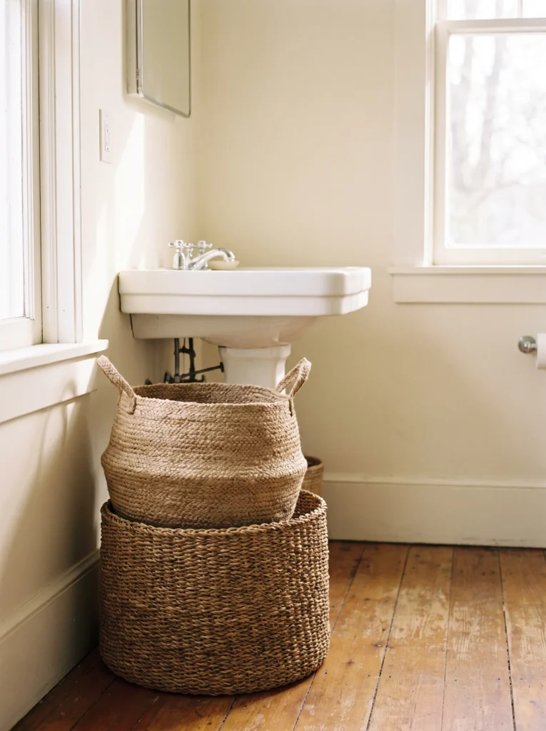 Two nested woven baskets tucked under a white pedestal sink in a bright bathroom with wood floors and a medicine cabinet