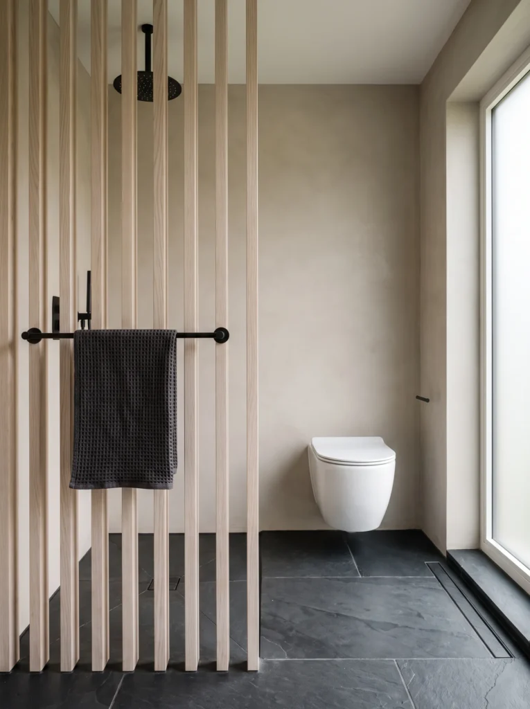 Japandi bathroom at dusk with black round soaking tub, skylight, moss wall, Japanese maple and courtyard with stone lantern