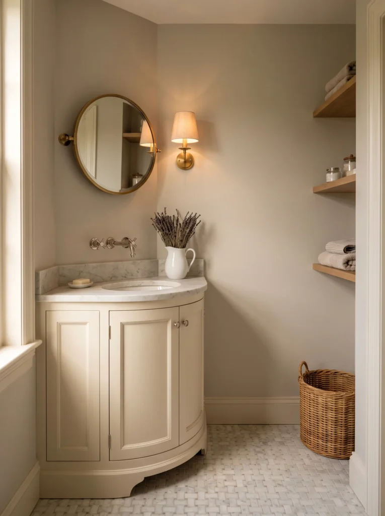 cream curved vanity with marble top, round pivot brass mirror, and oak floating shelves in a small bathroom