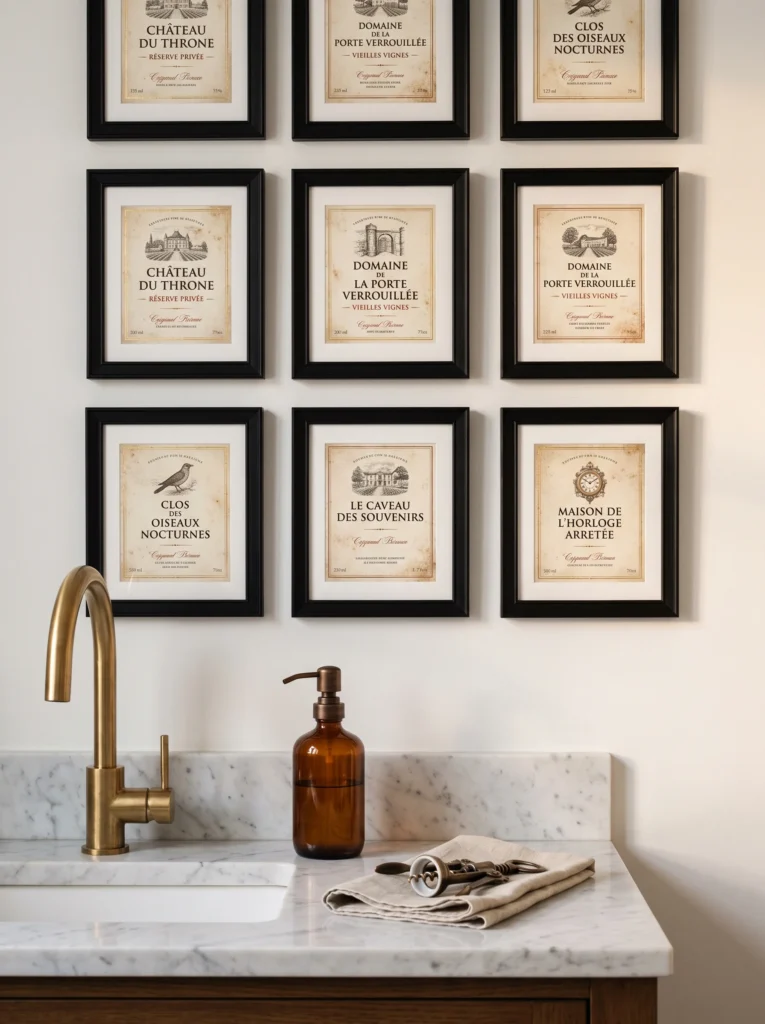 Grid of nine black framed vintage French wine labels on a white wall above a marble vanity with a brass gooseneck faucet